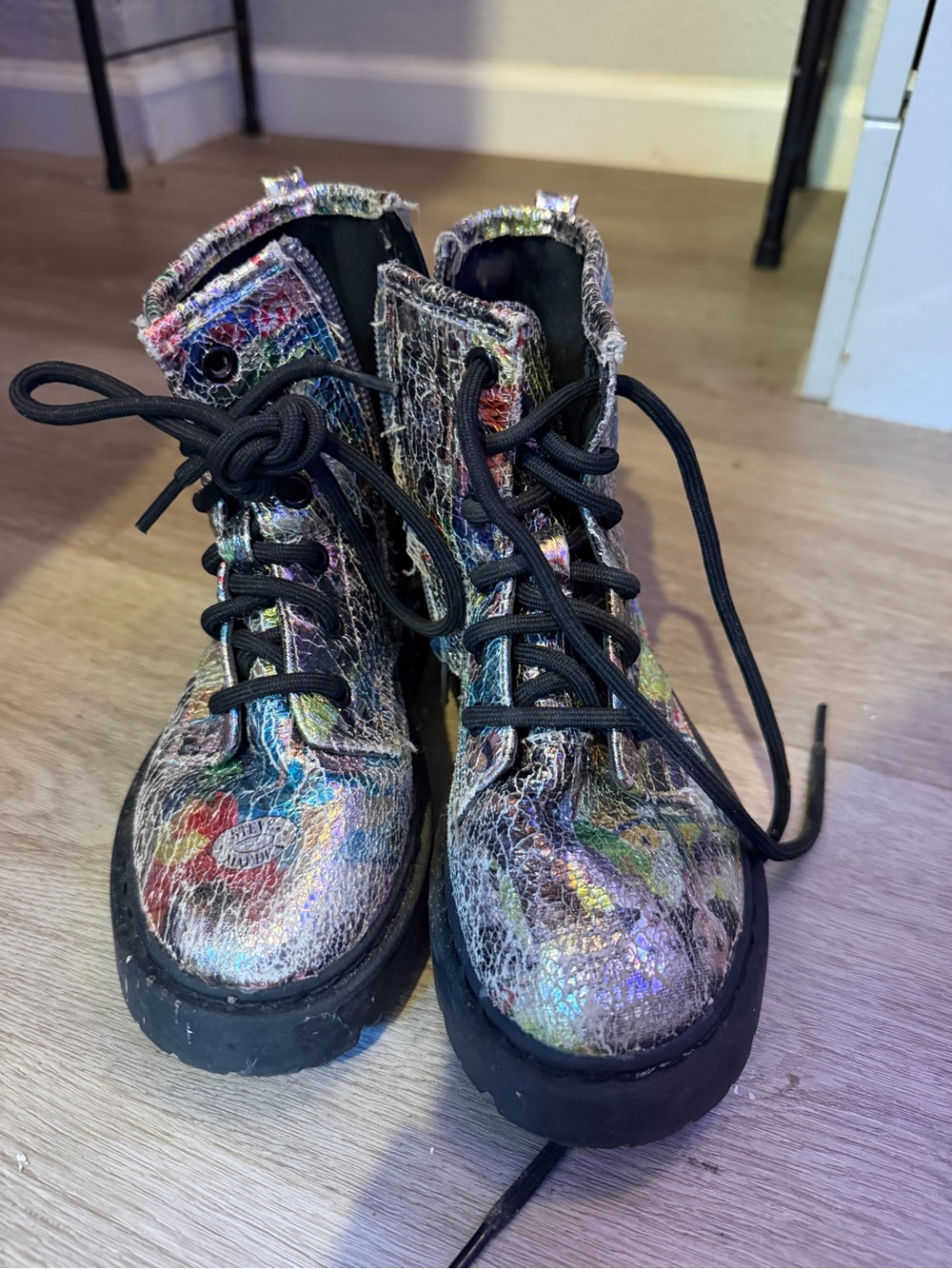 Kids Steve Madden Iridescent Multi-Color Lace-Up Boots